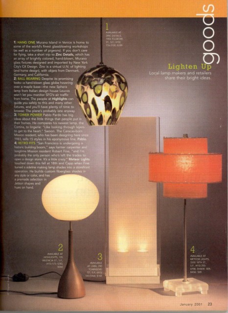 meteorlights.com in san francisco magazine Meteor Lights lamp press in San Francisco Magazine